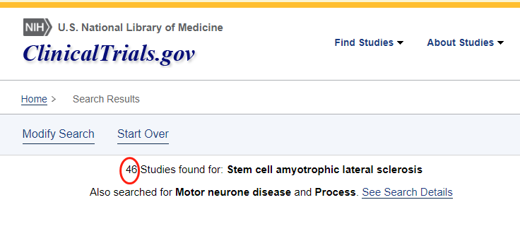 clinicaltrials.gov網站上注冊的有關干細胞治療肌萎縮側索硬化癥的臨床研究項目有46項。 clinicaltrials.gov網站上注冊的有關干細胞治療肌萎縮側索硬化癥的臨床研究項目有46項。