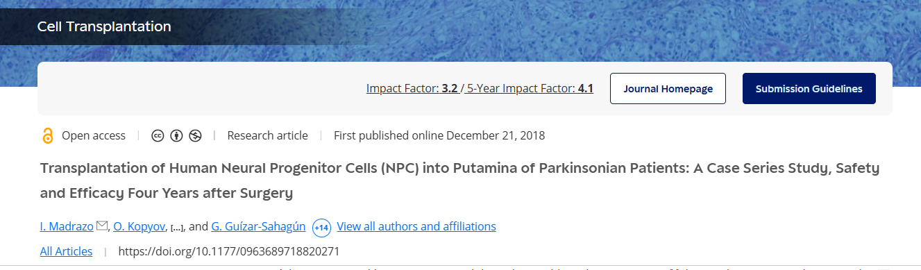 將人類神經祖細胞 (NPC) 移植到帕金森病患者的殼核中：病例系列研究、手術四年后的安全性和有效性