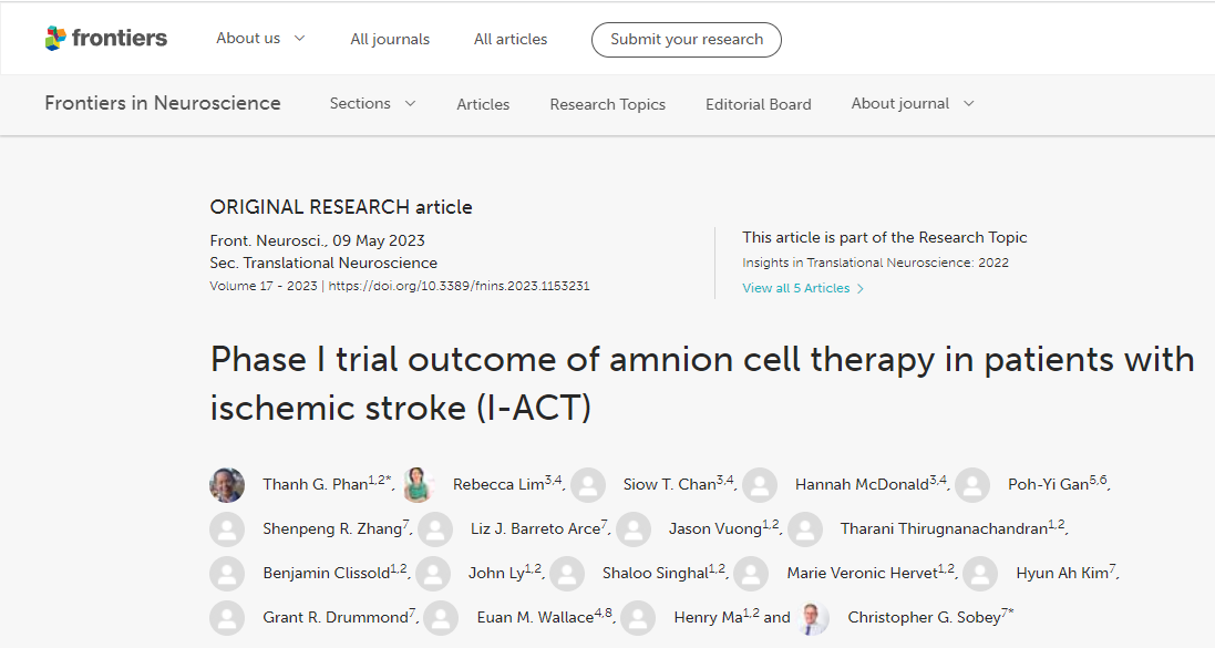 神經(jīng)科學前沿雜志:羊膜細胞療法治療缺血性中風患者的I期試驗結果 神經(jīng)科學前沿雜志:羊膜細胞療法治療缺血性中風患者的I期試驗結果