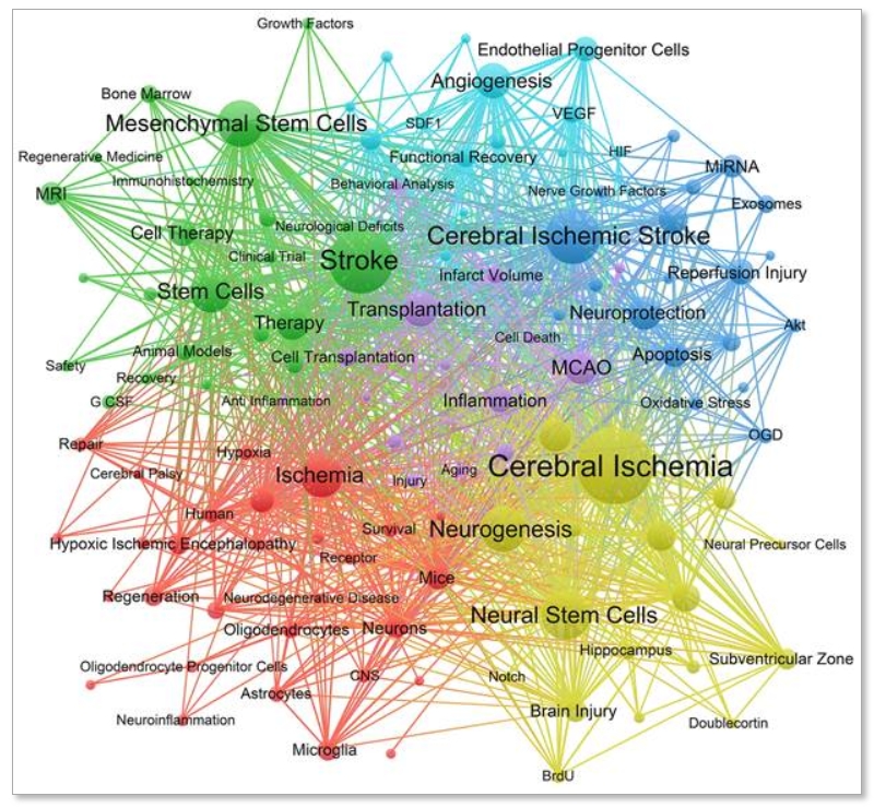 圖6:頻率至少為20的關鍵詞共現網絡。節點的大小代表關鍵詞出現的次數。線條代表不同關鍵字之間的聯系。顏色代表不同的簇。 圖6:頻率至少為20的關鍵詞共現網絡。節點的大小代表關鍵詞出現的次數。線條代表不同關鍵字之間的聯系。顏色代表不同的簇。