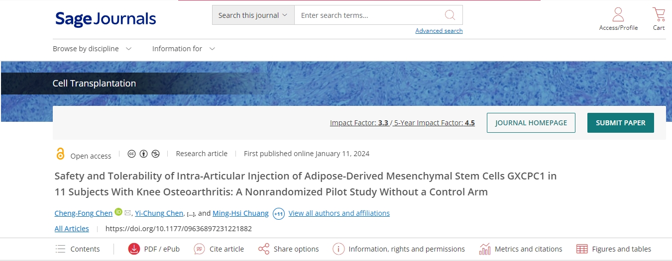 《細胞移植》期刊:關節內注射干細胞顯著改善骨關節炎患者的疼痛和膝關節功能 《細胞移植》期刊:關節內注射干細胞顯著改善骨關節炎患者的疼痛和膝關節功能