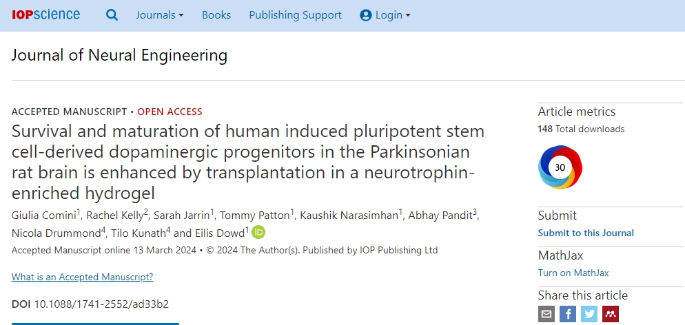 通過在富含神經(jīng)營養(yǎng)素的水凝膠中移植人誘導(dǎo)的多能干細(xì)胞衍生的多巴胺能祖細(xì)胞,可以增強(qiáng)帕金森病大鼠腦中的存活和成熟。 通過在富含神經(jīng)營養(yǎng)素的水凝膠中移植人誘導(dǎo)的多能干細(xì)胞衍生的多巴胺能祖細(xì)胞,可以增強(qiáng)帕金森病大鼠腦中的存活和成熟。
