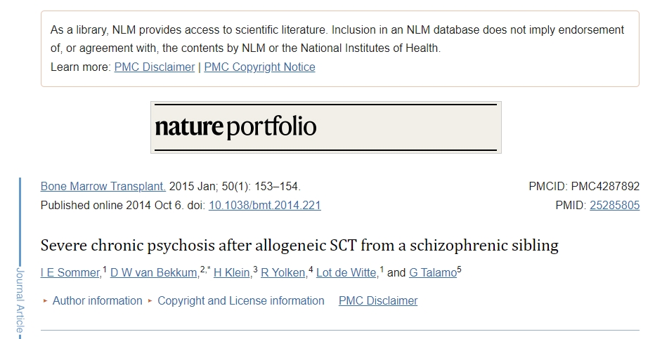 接受來自精神分裂癥同種異體 SCT 后出現(xiàn)嚴(yán)重慢性精神病 接受來自精神分裂癥同種異體 SCT 后出現(xiàn)嚴(yán)重慢性精神病
