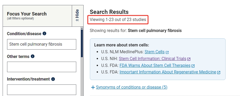 干細(xì)胞治療肺纖維化的臨床研究項目有23項。 干細(xì)胞治療肺纖維化的臨床研究項目有23項。