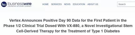 Vertex宣布注射VX-880治療1型糖尿病的新型研究性干細胞源治療藥物的1/2期臨床試驗中第一例患者的第90天陽性數據 Vertex宣布注射VX-880治療1型糖尿病的新型研究性干細胞源治療藥物的1/2期臨床試驗中第一例患者的第90天陽性數據