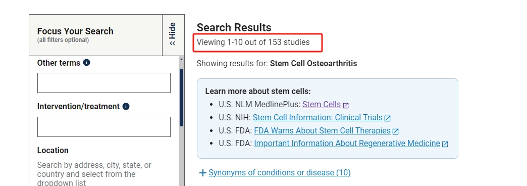 clinicaltrials.gov網(wǎng)站上注冊(cè)的有關(guān)干細(xì)胞治療骨關(guān)節(jié)炎的臨床研究項(xiàng)目有153項(xiàng)。其中已完成的有57項(xiàng)。 clinicaltrials.gov網(wǎng)站上注冊(cè)的有關(guān)干細(xì)胞治療骨關(guān)節(jié)炎的臨床研究項(xiàng)目有153項(xiàng)。其中已完成的有57項(xiàng)。