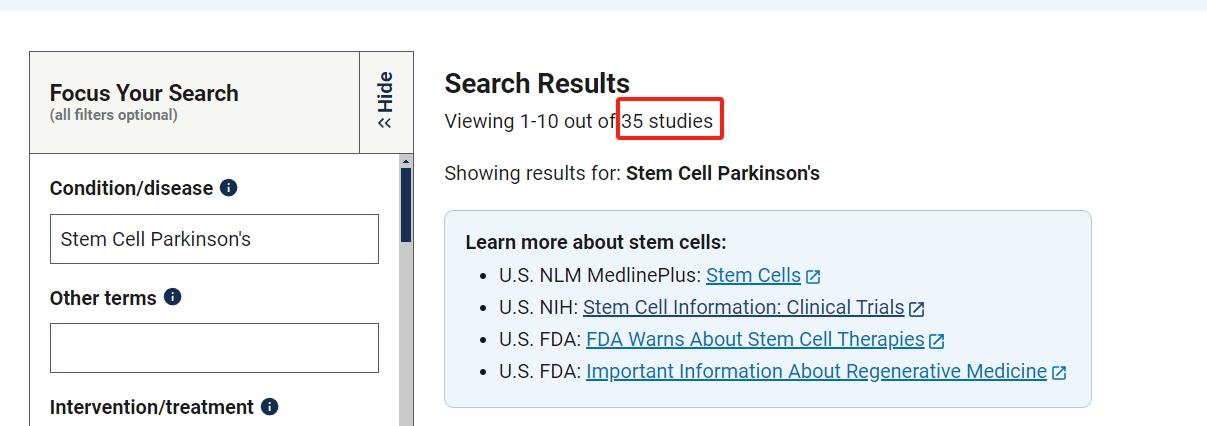 clinicaltrials.gov網站上注冊的有關干細胞治療帕金森的臨床研究項目有35項。其中已完成的有5項。 clinicaltrials.gov網站上注冊的有關干細胞治療帕金森的臨床研究項目有35項。其中已完成的有5項。