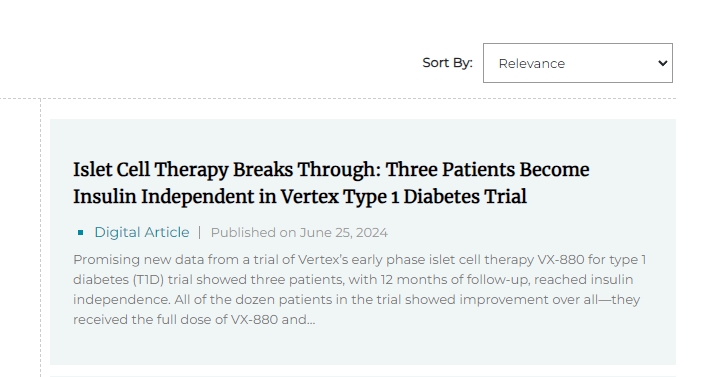 胰島細(xì)胞療法取得突破:Vertex 1 型糖尿病試驗中三名患者不再依賴胰島素 胰島細(xì)胞療法取得突破:Vertex 1 型糖尿病試驗中三名患者不再依賴胰島素