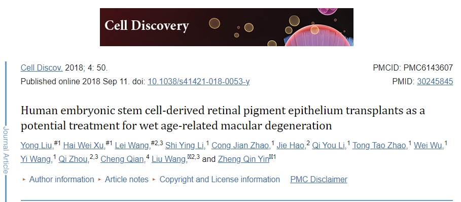 人類胚胎干細胞來源的視網膜色素上皮移植作為濕性年齡相關性黃斑變性的潛在治療方法 人類胚胎干細胞來源的視網膜色素上皮移植作為濕性年齡相關性黃斑變性的潛在治療方法
