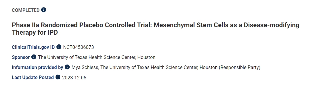IIa期隨機(jī)安慰劑對照試驗:間充質(zhì)干細(xì)胞作為iPD的疾病改良療法 IIa期隨機(jī)安慰劑對照試驗:間充質(zhì)干細(xì)胞作為iPD的疾病改良療法