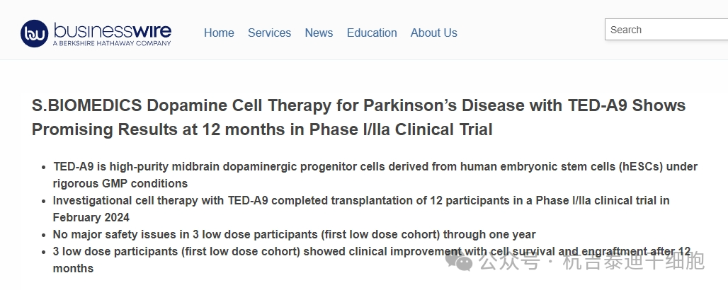 S.BlOMEDICS多巴胺細胞治療帕金森病與泰德- a9在12個月的i / la期臨床試驗顯示有希望的結果 S.BlOMEDICS多巴胺細胞治療帕金森病與泰德- a9在12個月的i / la期臨床試驗顯示有希望的結果