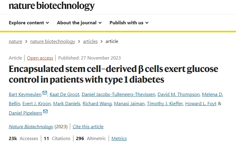封裝干細胞衍生的 β 細胞對 1 型糖尿病患者發揮血糖控制作用 封裝干細胞衍生的 β 細胞對 1 型糖尿病患者發揮血糖控制作用