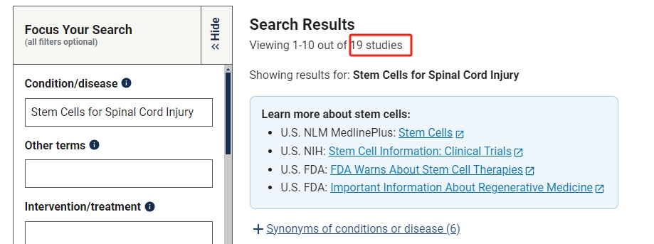 干細胞治療脊髓損傷臨床研究項目有19項。其中國內發布的占據2項。 干細胞治療脊髓損傷臨床研究項目有19項。其中國內發布的占據2項。