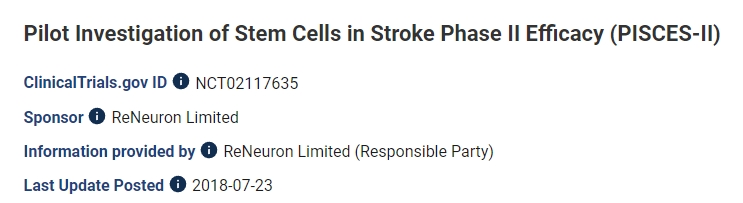 干細胞治療中風II期療效的試點研究 (PISCES-II) 干細胞治療中風II期療效的試點研究 (PISCES-II)