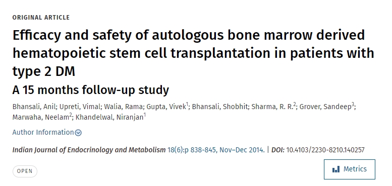 自體骨髓造血干細(xì)胞移植治療2型糖尿病的療效和安全性為期15個(gè)月的跟蹤研究 自體骨髓造血干細(xì)胞移植治療2型糖尿病的療效和安全性為期15個(gè)月的跟蹤研究