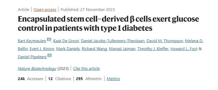 封裝的干細(xì)胞衍生β細(xì)胞在1型糖尿病患者中發(fā)揮血糖控制作用 封裝的干細(xì)胞衍生β細(xì)胞在1型糖尿病患者中發(fā)揮血糖控制作用