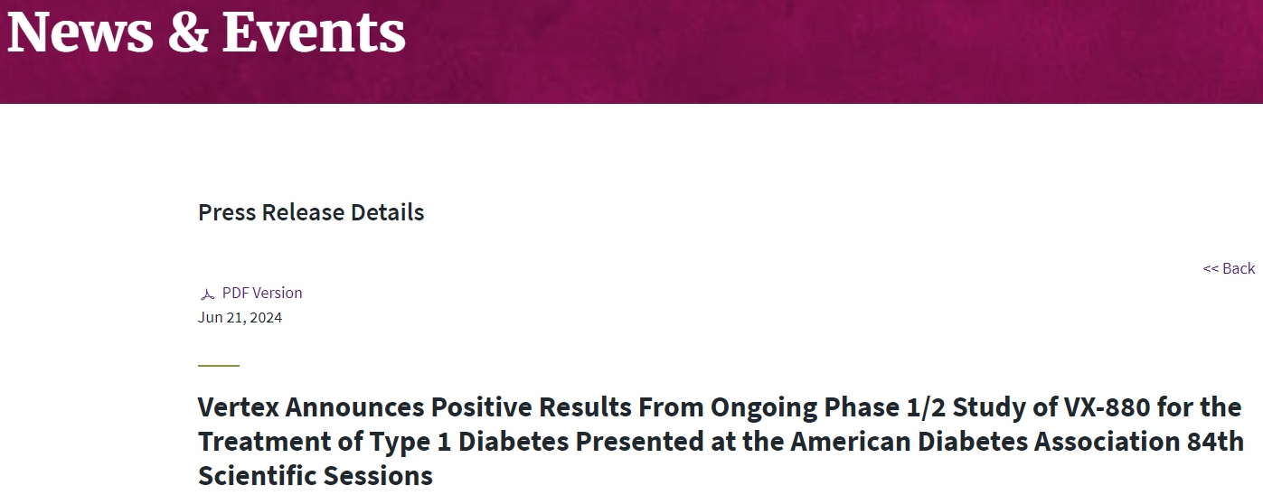 Vertex Announces Positive Results From Ongoing Phase 1/2 study of VX-880 for theTreatment ofType 1 Diabetes Presented at the American Diabetes Association 84thScientific sessions Vertex Announces Positive Results From Ongoing Phase 1/2 study of VX-880 for theTreatment ofType 1 Diabetes Presented at the American Diabetes Association 84thScientific sessions