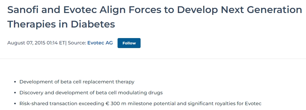 糖尿病療法賽諾菲與 Evotec 聯手開發下一代 糖尿病療法賽諾菲與 Evotec 聯手開發下一代