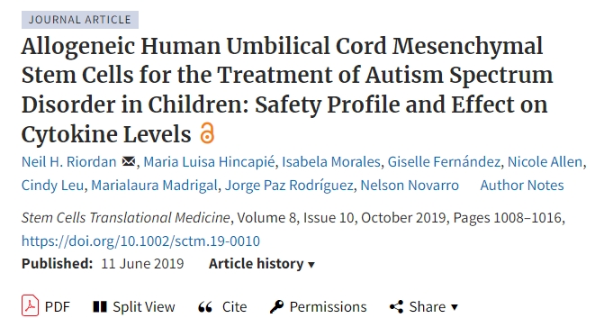 同種異體人臍帶間充質(zhì)干細(xì)胞治療兒童自閉癥譜系障礙:安全性和對(duì)細(xì)胞因子水平的影響 同種異體人臍帶間充質(zhì)干細(xì)胞治療兒童自閉癥譜系障礙:安全性和對(duì)細(xì)胞因子水平的影響