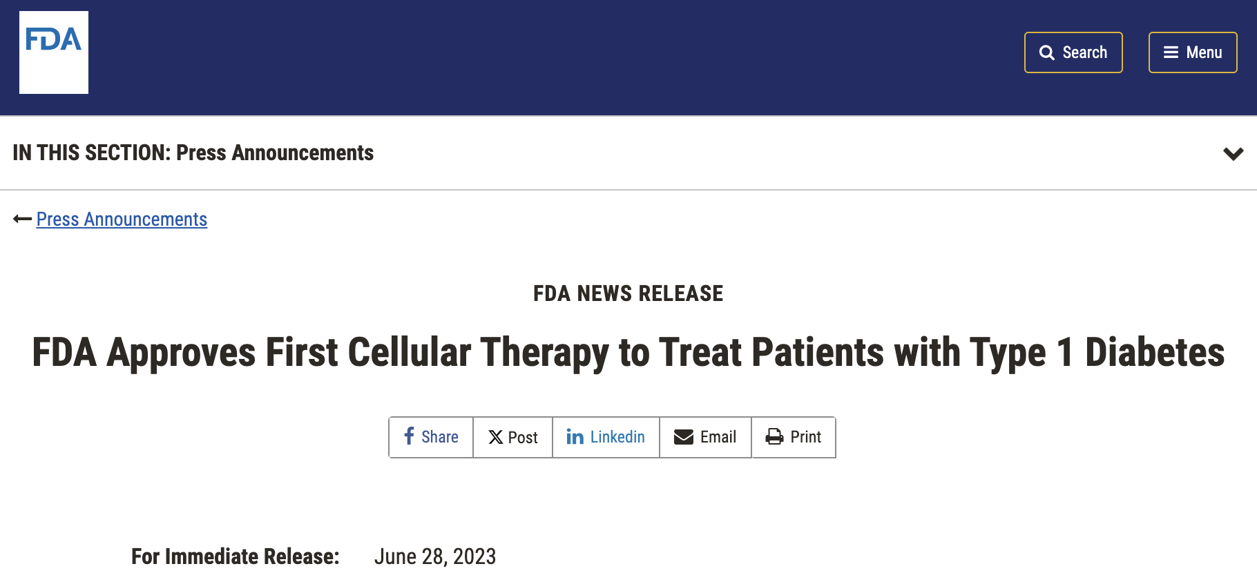 FDA 批準(zhǔn)首個(gè)用于治療 1 型糖尿病患者的細(xì)胞療法 FDA 批準(zhǔn)首個(gè)用于治療 1 型糖尿病患者的細(xì)胞療法