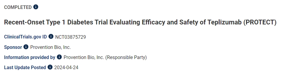 針對近期發(fā)病的 1 型糖尿病患者的試驗,評估 Teplizumab 的療效和安全性 (PROTECT) 針對近期發(fā)病的 1 型糖尿病患者的試驗,評估 Teplizumab 的療效和安全性 (PROTECT)