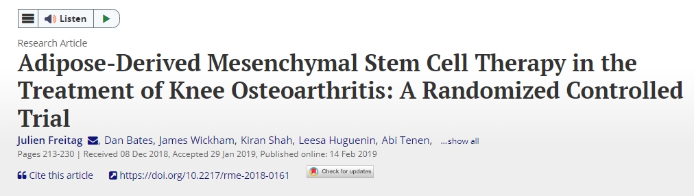 脂肪間充質干細胞療法治療膝關節骨關節炎:一項隨機對照試驗 脂肪間充質干細胞療法治療膝關節骨關節炎:一項隨機對照試驗