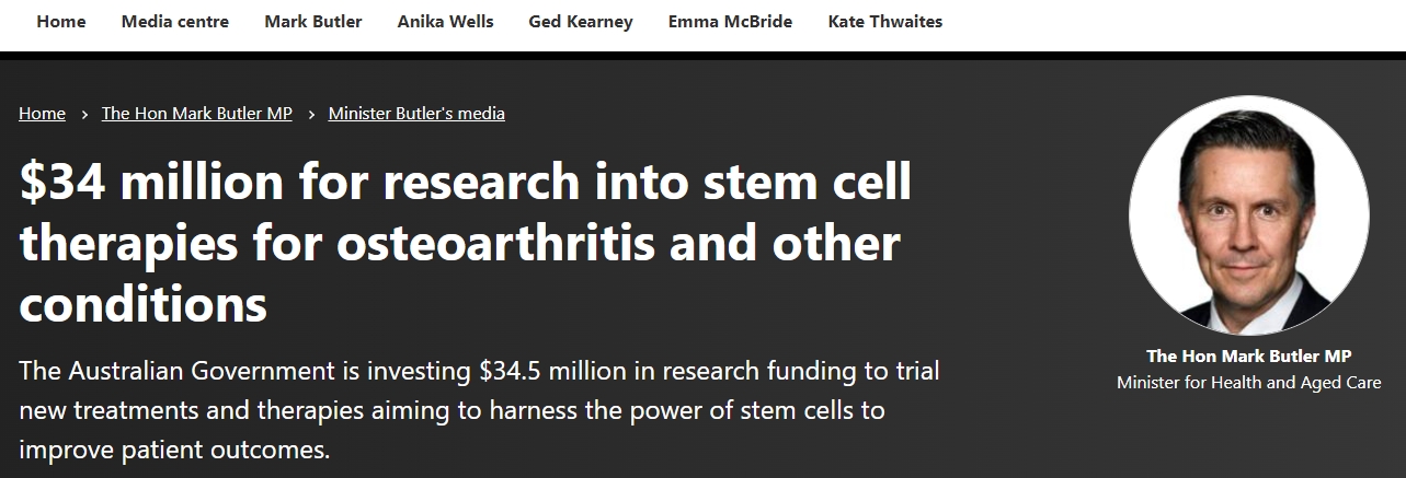 澳大利亞政府：投資3400萬美元用于骨關節炎和其他疾病的干細胞療法研究
