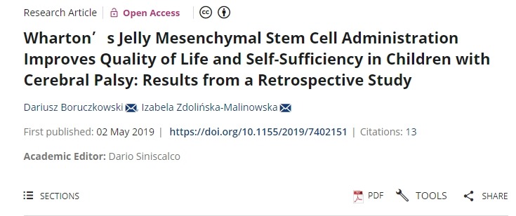 沃頓果凍間充質干細胞治療可改善腦癱兒童的生活質量和自給自足能力:一項回顧性研究的結果 沃頓果凍間充質干細胞治療可改善腦癱兒童的生活質量和自給自足能力:一項回顧性研究的結果