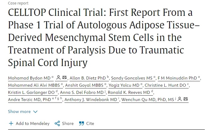 CELLTOP 臨床試驗:自體脂肪組織來源的間充質干細胞治療創傷性脊髓損傷所致癱瘓的 1 期臨床試驗首份報告 CELLTOP 臨床試驗:自體脂肪組織來源的間充質干細胞治療創傷性脊髓損傷所致癱瘓的 1 期臨床試驗首份報告
