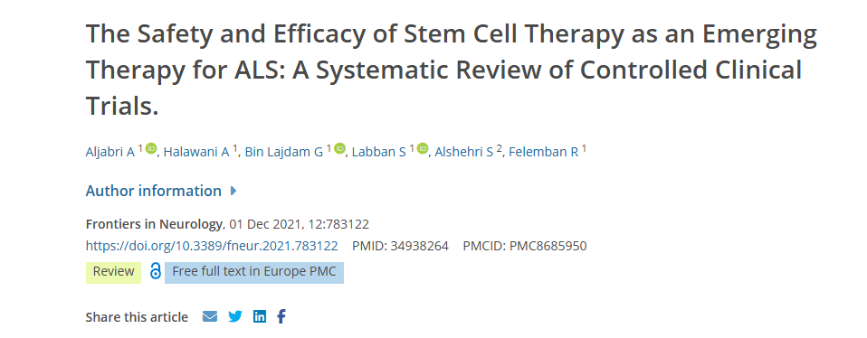 《干細胞療法作為 ALS 新興療法的安全性和有效性:對照臨床試驗的系統評價》 《干細胞療法作為 ALS 新興療法的安全性和有效性:對照臨床試驗的系統評價》