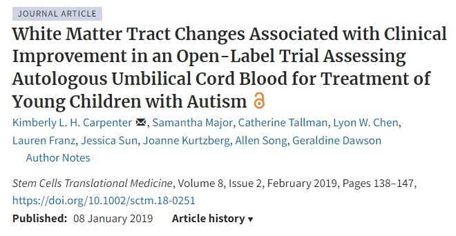 一項開放標簽試驗評估自體臍帶血治療自閉癥幼兒的效果,結果表明白質束變化與臨床改善相關 一項開放標簽試驗評估自體臍帶血治療自閉癥幼兒的效果,結果表明白質束變化與臨床改善相關