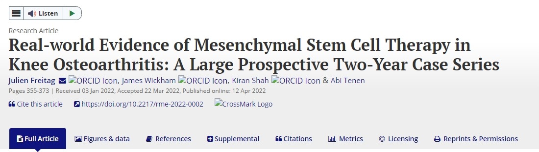 間充質(zhì)干細(xì)胞治療膝骨關(guān)節(jié)炎的真實(shí)世界證據(jù):一項(xiàng)為期兩年的大型前瞻性病例系列 間充質(zhì)干細(xì)胞治療膝骨關(guān)節(jié)炎的真實(shí)世界證據(jù):一項(xiàng)為期兩年的大型前瞻性病例系列