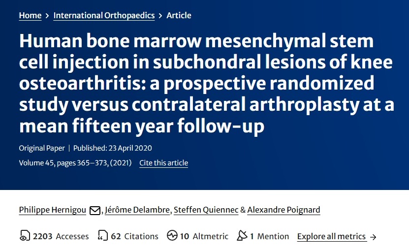人類骨髓間充質(zhì)干細(xì)胞注射治療膝骨關(guān)節(jié)炎軟骨下?lián)p傷:一項(xiàng)前瞻性隨機(jī)研究,對(duì)比平均15年隨訪的對(duì)側(cè)關(guān)節(jié)置換術(shù) 人類骨髓間充質(zhì)干細(xì)胞注射治療膝骨關(guān)節(jié)炎軟骨下?lián)p傷:一項(xiàng)前瞻性隨機(jī)研究,對(duì)比平均15年隨訪的對(duì)側(cè)關(guān)節(jié)置換術(shù)