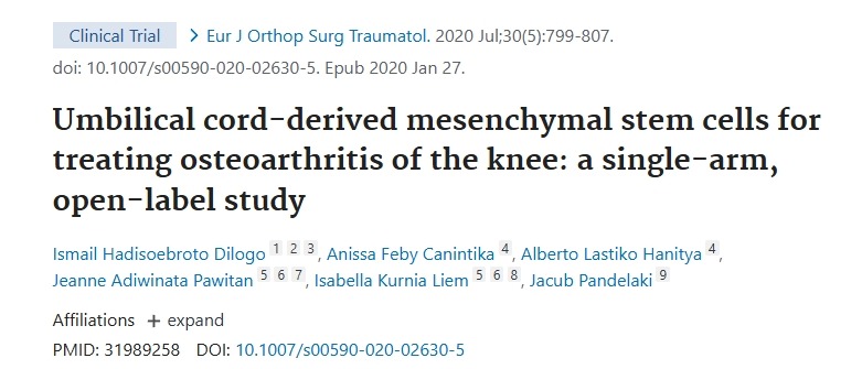 臍帶來源的間充質(zhì)干細(xì)胞治療膝骨關(guān)節(jié)炎:一項(xiàng)單臂、開放標(biāo)簽研究 臍帶來源的間充質(zhì)干細(xì)胞治療膝骨關(guān)節(jié)炎:一項(xiàng)單臂、開放標(biāo)簽研究