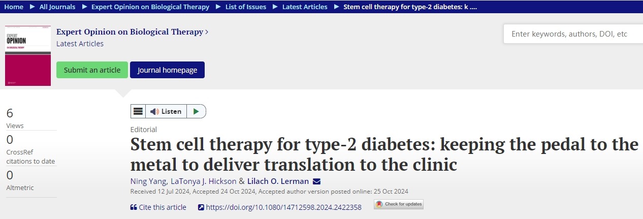 干細胞治療2型糖尿病：“我們”將全力以赴，把成果轉化為臨床治療