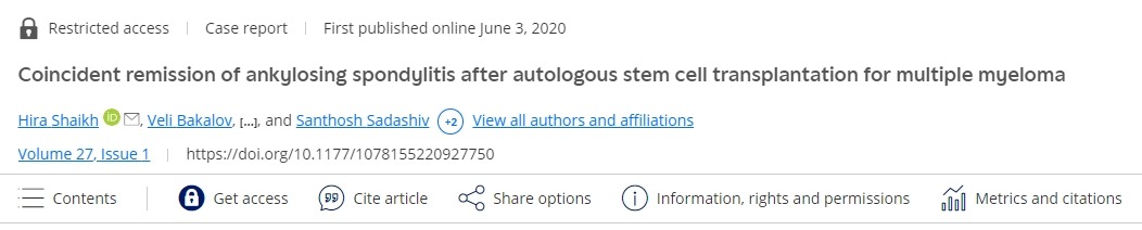 自體干細胞移植治療多發性骨髓瘤后強直性脊柱炎同時緩解 自體干細胞移植治療多發性骨髓瘤后強直性脊柱炎同時緩解