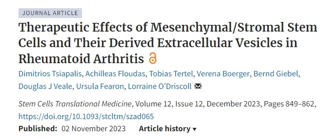 間充質/基質干細胞及其衍生的細胞外囊泡對類風濕關節炎的治療作用 間充質/基質干細胞及其衍生的細胞外囊泡對類風濕關節炎的治療作用