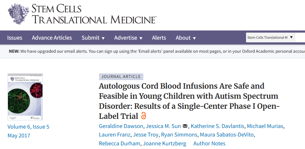 自體臍帶血輸注對患有自閉癥譜系障礙的幼兒來說是安全可行的:單中心 I 期開放標簽試驗的結果 自體臍帶血輸注對患有自閉癥譜系障礙的幼兒來說是安全可行的:單中心 I 期開放標簽試驗的結果