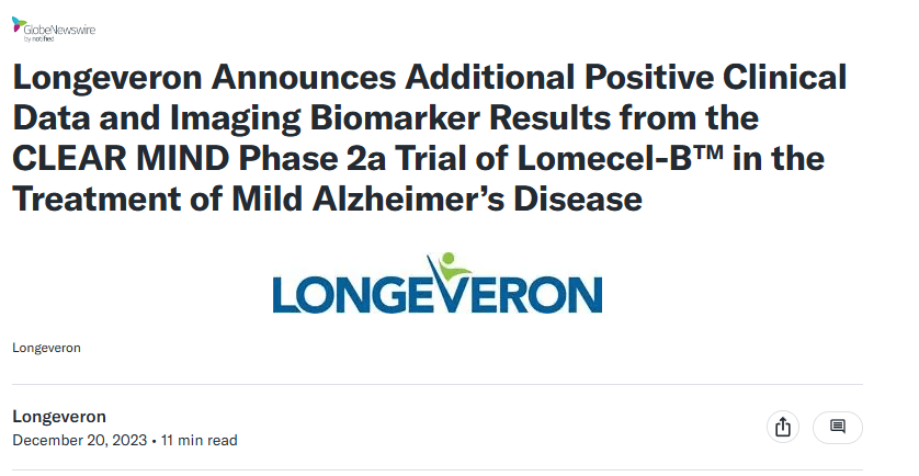 治療輕度阿爾茨海默病的研究產品 Lomecel-B? 的 2a 期 CLEAR MIND 試驗的更多新臨床和生物標志物結果 治療輕度阿爾茨海默病的研究產品 Lomecel-B? 的 2a 期 CLEAR MIND 試驗的更多新臨床和生物標志物結果