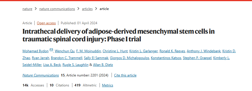 脂肪來源的間充質干細胞在創傷性脊髓損傷中的鞘內輸送:第一階段試驗 脂肪來源的間充質干細胞在創傷性脊髓損傷中的鞘內輸送:第一階段試驗