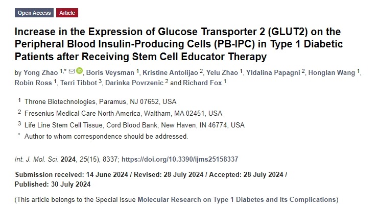 接受干細(xì)胞教育者治療后1型糖尿病患者外周血胰島素產(chǎn)生細(xì)胞 (PB-IPC) 葡萄糖轉(zhuǎn)運(yùn)蛋白2 (GLUT2) 表達(dá)增加 接受干細(xì)胞教育者治療后1型糖尿病患者外周血胰島素產(chǎn)生細(xì)胞 (PB-IPC) 葡萄糖轉(zhuǎn)運(yùn)蛋白2 (GLUT2) 表達(dá)增加