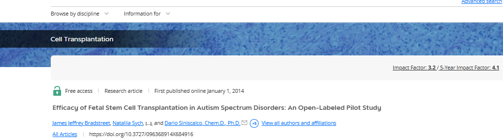 胎兒干細胞移植對自閉癥譜系障礙的療效:一項開放標簽試點研究 胎兒干細胞移植對自閉癥譜系障礙的療效:一項開放標簽試點研究