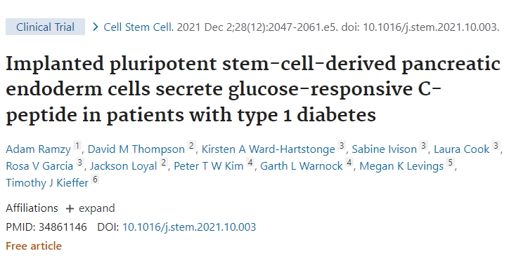 植入的多能干細胞衍生的胰腺內胚層細胞在1型糖尿病患者中分泌葡萄糖反應性C肽