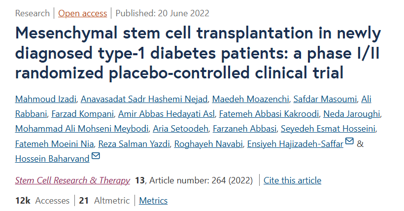 新診斷的 1 型糖尿病患者的間充質(zhì)干細胞移植:一項 I/II 期隨機安慰劑對照臨床試驗 新診斷的 1 型糖尿病患者的間充質(zhì)干細胞移植:一項 I/II 期隨機安慰劑對照臨床試驗