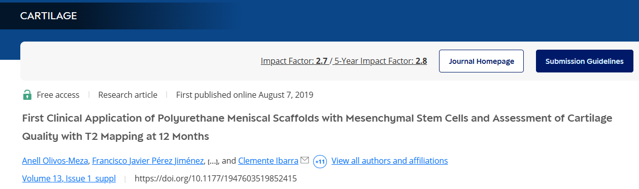 聚氨酯半月板支架與間充質干細胞的首次臨床應用以及12個月時T2映射對軟骨質量的評估 聚氨酯半月板支架與間充質干細胞的首次臨床應用以及12個月時T2映射對軟骨質量的評估