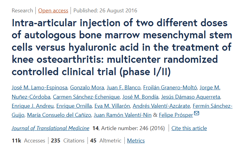 關節腔內注射兩種不同劑量自體骨髓間充質干細胞與透明質酸治療膝骨關節炎的多中心隨機對照臨床試驗(I/II期) 關節腔內注射兩種不同劑量自體骨髓間充質干細胞與透明質酸治療膝骨關節炎的多中心隨機對照臨床試驗(I/II期)