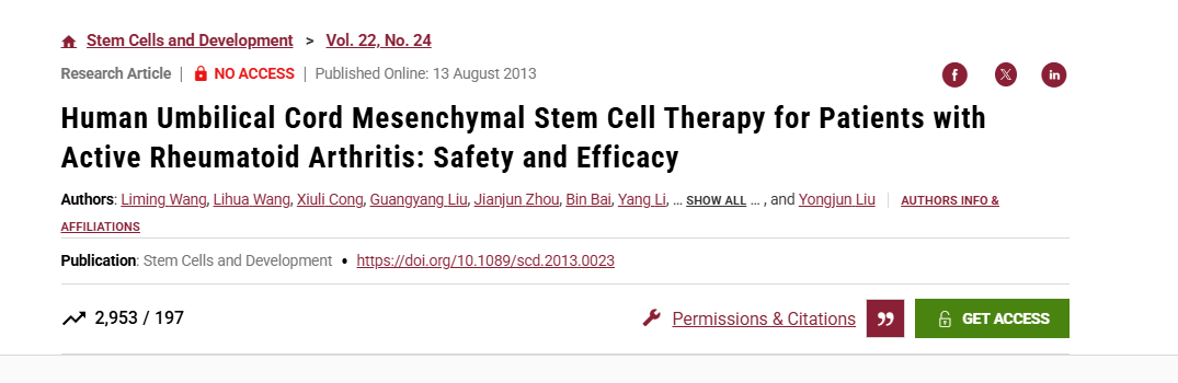人臍帶間充質干細胞治療活動性類風濕關節炎:安全性和有效性 人臍帶間充質干細胞治療活動性類風濕關節炎:安全性和有效性