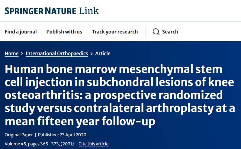 人骨髓間充質(zhì)干細(xì)胞注射治療膝關(guān)節(jié)骨性關(guān)節(jié)炎軟骨下?lián)p傷:一項(xiàng)前瞻性隨機(jī)研究,對(duì)比平均十五年隨訪的對(duì)側(cè)關(guān)節(jié)置換術(shù) 人骨髓間充質(zhì)干細(xì)胞注射治療膝關(guān)節(jié)骨性關(guān)節(jié)炎軟骨下?lián)p傷:一項(xiàng)前瞻性隨機(jī)研究,對(duì)比平均十五年隨訪的對(duì)側(cè)關(guān)節(jié)置換術(shù)