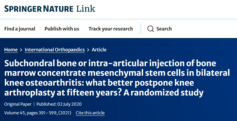雙側(cè)膝骨關(guān)節(jié)炎:軟骨下骨或關(guān)節(jié)內(nèi)注射骨髓濃縮間充質(zhì)干細(xì)胞:哪種方法更有利于推遲15年后的膝關(guān)節(jié)置換術(shù)?一項(xiàng)隨機(jī)研究 雙側(cè)膝骨關(guān)節(jié)炎:軟骨下骨或關(guān)節(jié)內(nèi)注射骨髓濃縮間充質(zhì)干細(xì)胞:哪種方法更有利于推遲15年后的膝關(guān)節(jié)置換術(shù)?一項(xiàng)隨機(jī)研究