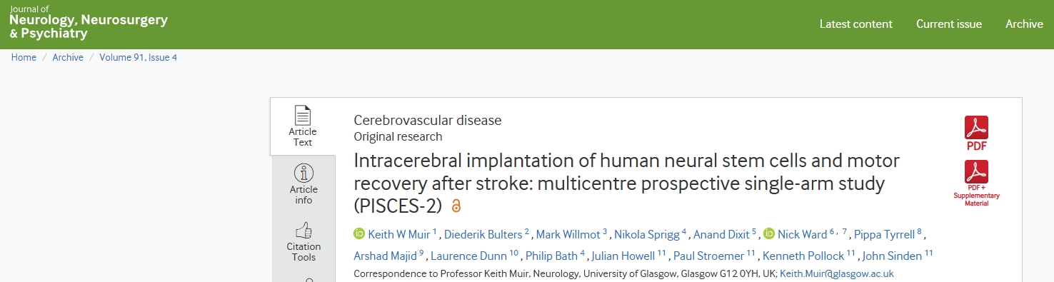 人類神經(jīng)干細(xì)胞腦內(nèi)植入與中風(fēng)后運(yùn)動(dòng)恢復(fù):多中心前瞻性單臂研究(PISCES-2) 人類神經(jīng)干細(xì)胞腦內(nèi)植入與中風(fēng)后運(yùn)動(dòng)恢復(fù):多中心前瞻性單臂研究(PISCES-2)